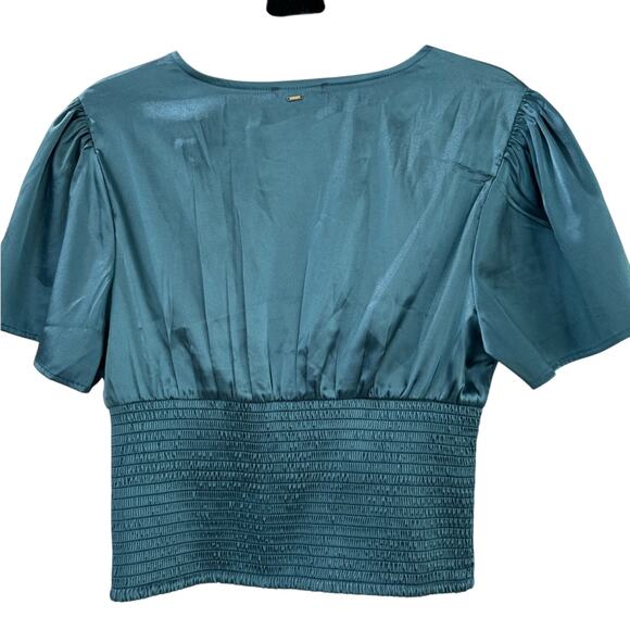 Guess Los Angeles Satiny Teal Blue V-Neck Smocked Blouse L - Picture 3 of 6